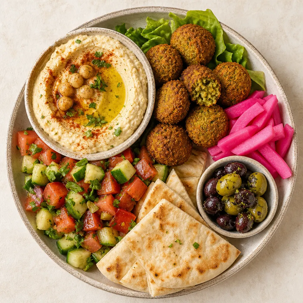 Talerz mezze: hummus, falafel, sałatki i pita
